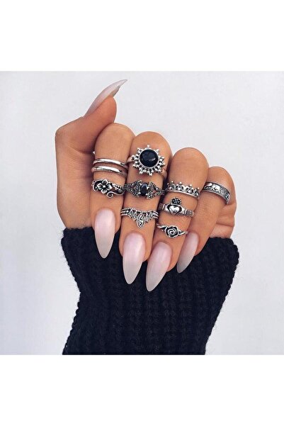 Pursehuit Set de 10 inele, argintii, cu pietre negre, Aime C4