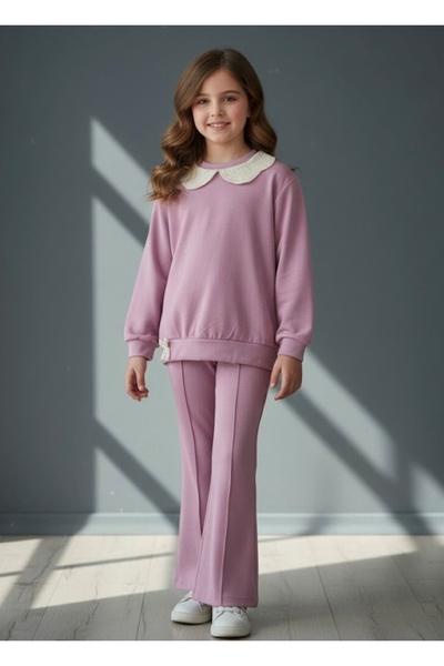 KUMRUNUN DÜNYASI Girl's Collared Flared Lilac Top and Bottom Set