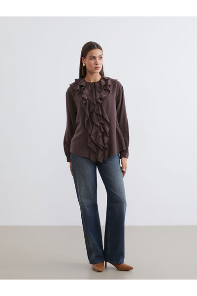 LC Waikiki Brown Crew Neck Ruffle Blouse