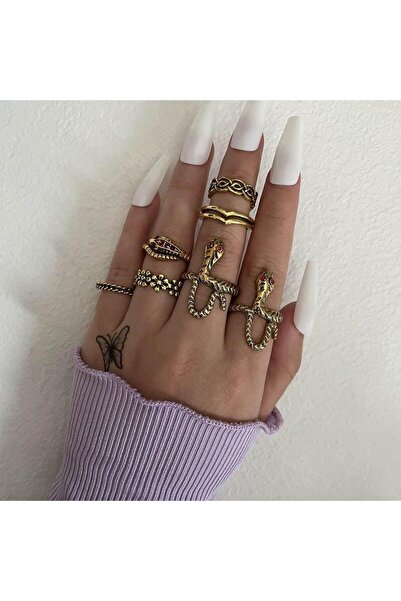Pursehuit Set de 7 inele aurii, formă de șarpe, cu pietre, Tabea C4
