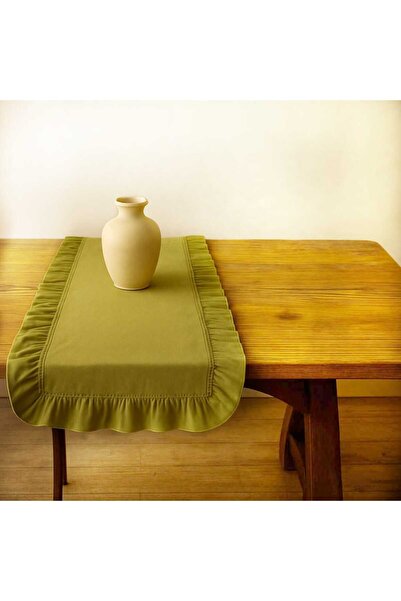 LILYUM Green Fully Frilled 40X110 Cotton Beige Raw Linen Runner