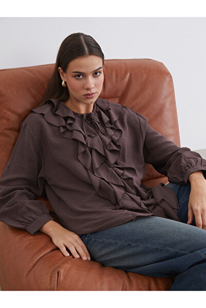 LC Waikiki Brown Crew Neck Ruffle Blouse