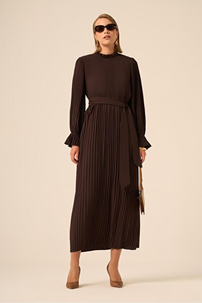FTZ WOMEN Kadın Plise Şifon Elbise Kahve 31019
