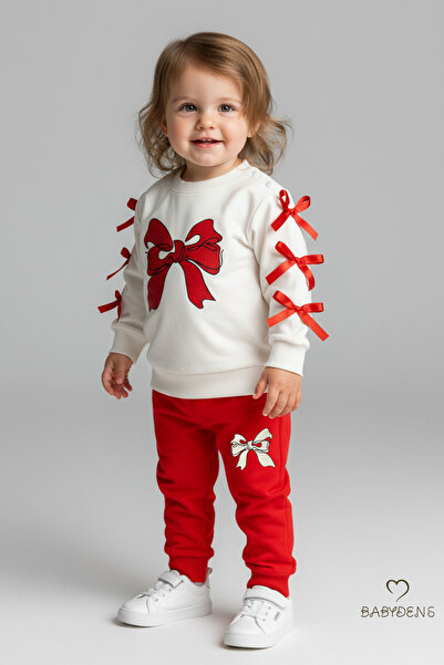 BABYDEN'S Baby Girl 2-Piece Tracksuit Set with Bow, Shoulder Snaps, Side Ribbon Detail, 100% Cotton Transitional Bottom-Top