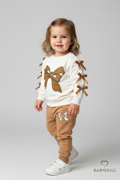 BABYDEN'S Baby Girl 2-Piece Tracksuit Set with Bow, Shoulder Snaps, Side Ribbon Detail, 100% Cotton Transitional Bottom-Top