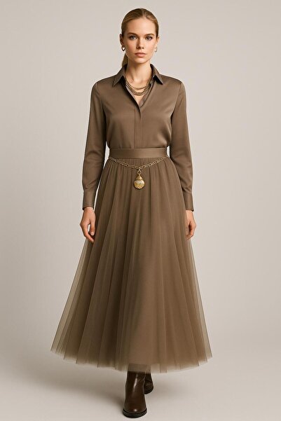 ALYEL NAKER Satin Shirt & Midi Tulle Skirt Top & Bottom Set