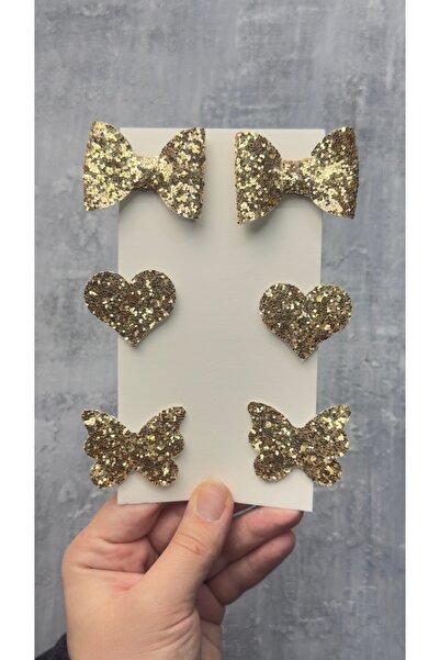 Toka Perisi Gold / Golden Stella Glitter Bow Heart Butterfly (Metal 5cm / 3cm with Clip 6-Piece Set)