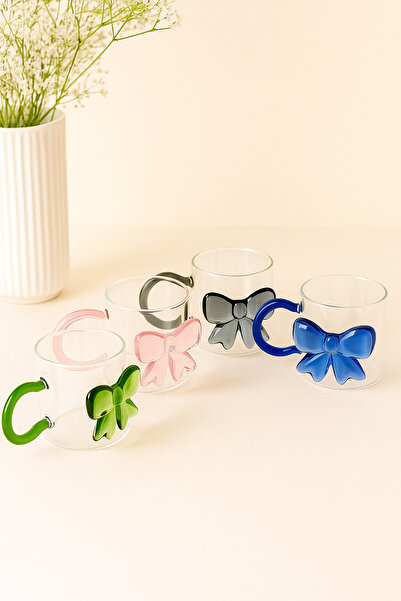 Mirilliahome Set of 4 Bowknot Borosilicate Glass Mugs – Transparent Coffee & Tea Cup with Ribbon 350 ml
