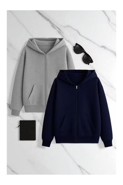 Carlson 2'li Unisex 2 İplik Şardonlu Kanguru Cepli Kapüşonlu Fermuarlı Hırka / Sweatshirt