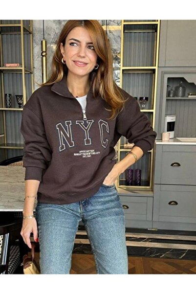 LUMİ سترة نسائية NYC مطبوع قصة فضفاضة بسحاب نصفي – أسود