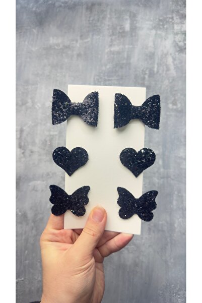 Toka Perisi Siyah Stella Simli Glitter Fiyonk kalp kelebek (Metal 5cm /3cm Kl...