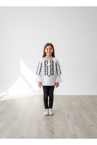 KidsMagazin Ie pentru fete cu model floral brodat cu negru