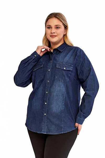 Imagine Giyim Soft Denim Fabric Navy Blue Plus Size Women's Shirt