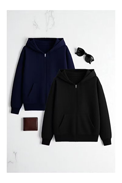 Carlson 2'li Unisex 2 İplik Şardonlu Kanguru Cepli Kapüşonlu Fermuarlı Hırka / Sweatshirt