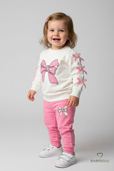 BABYDEN'S Baby Girl 2-Piece Tracksuit Set with Bow, Shoulder Snaps, Side Ribbon Detail, 100% Cotton Transitional Bottom-Top
