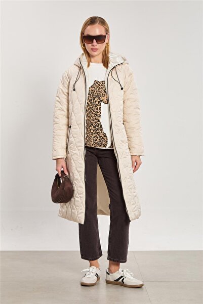 BARRELS AND OIL Woman's Hooded quilted long coat - ecru