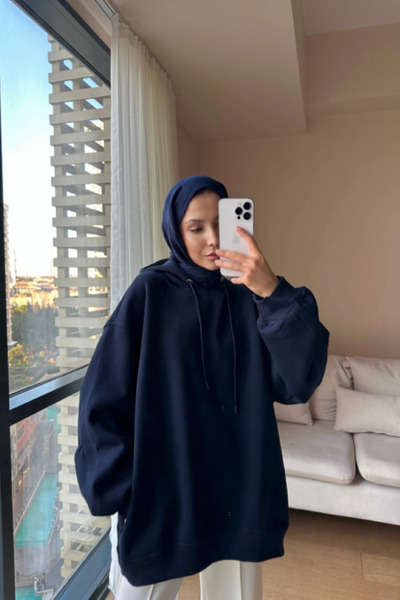 Gülşah collection Three Thread Ka Hooded Sweatshirt with Fleece Inside - Navy Blue