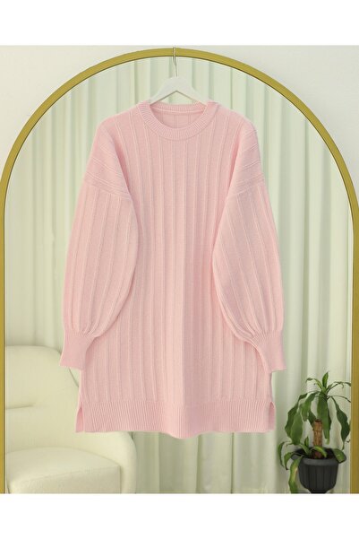 Modamorfo Corded Fabric Slit Yumoş Knitwear Tunic -Powder