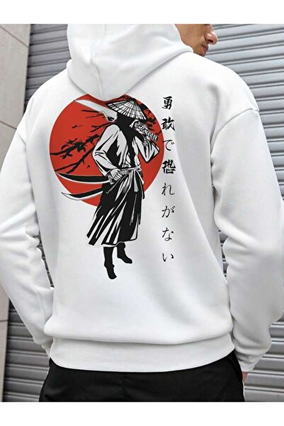 LAVİTTA Samurai Red Sun Printed Unisex Black Oversized Hooded Hoodie