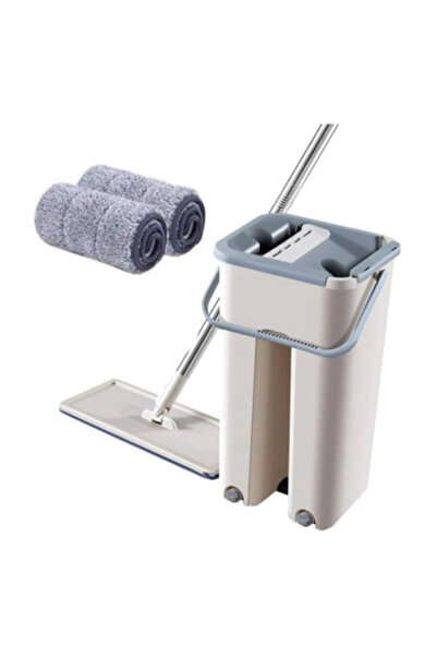 stuffix mop and bucket set with wringer, 2-compartment wash & dry + 2 reusable microfiber cloths, Gray
