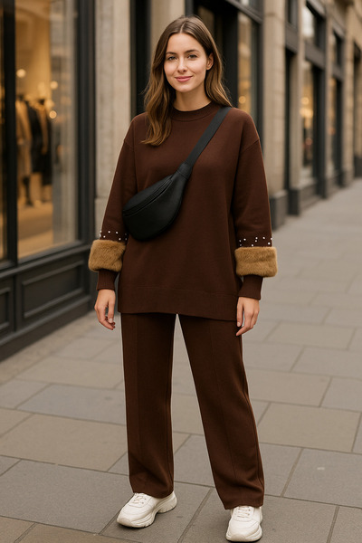 semela Tricot Suit with Plush and Pearl Details on the Sleeves