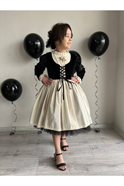 Sare Çocuk Giyim Girl's Premium Deluxe Black Velvet Lace-Up Vest Detailed Special Occasion Cosplay Dress + Buckle