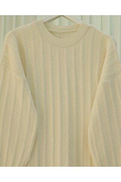 Modamorfo Corded Fabric Slit Yumoş Knitwear Tunic - Cream