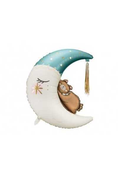 Partydeco Blue foil crescent moon balloon with sleeping teddy bear 80x98 cm