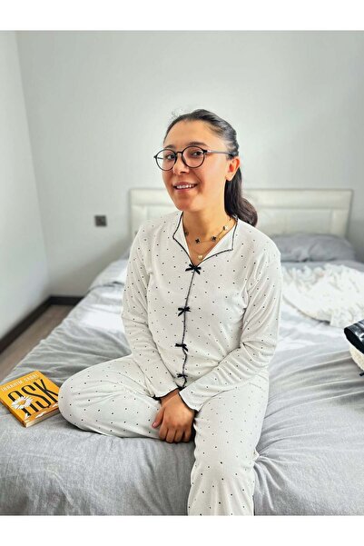 Marka Gift - Dot Cotton Polka Dot Patterned Bowknot Pajama Set