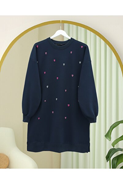 Modamorfo Round Neck Heart Patterned Combed Cotton Tunic - Navy