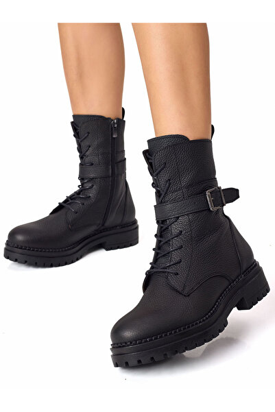 RUJO Черни дамски ботуши от естествена кожа с цип и връзки