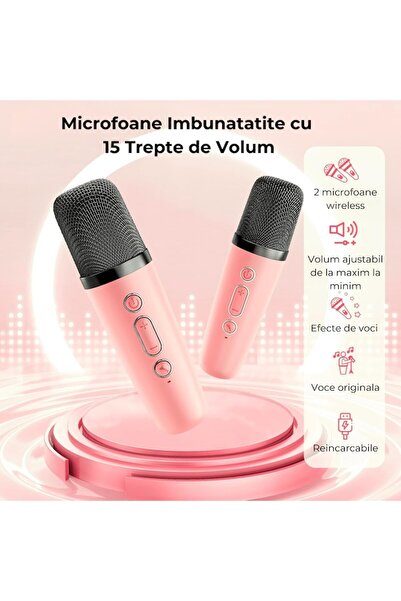 stuffix Karaoke Microphone Set with Portable Speaker, Wireless, 4 Voice Effects, 2 Mics, Bluetooth 5.0, Pink