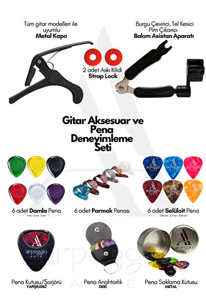 arpeggio ARTE Guitar Accessories and Pick Set – Capo, Tuner, Pick Keychain, Strap Lock