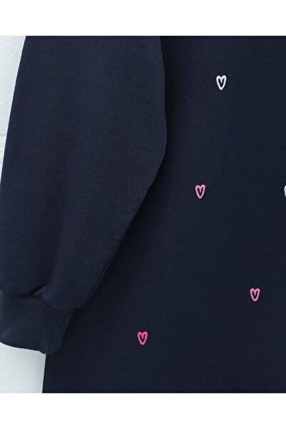 Modamorfo Round Neck Heart Patterned Combed Cotton Tunic - Navy