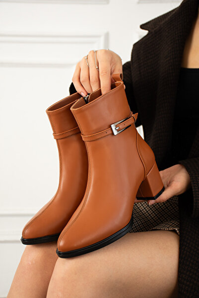 dabab shoes ASTRAYA Kadın Taba Tokalı Topuklu Kısa Konç Şık Kışlık Bot Bootie