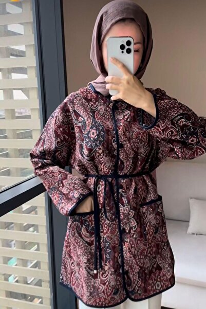 Gülşah collection Ethnic Pattern Buttoned Quilted Jacket - Navy Blue/Burgundy