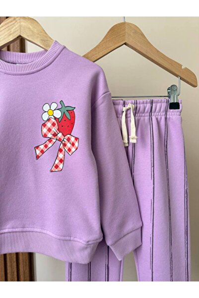 LUCCO 3-Ply Unpulled Bottom-Up Girl's Set with Ribbon Strawberry Printed Striped Pants