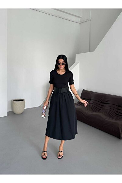 Milamia πλέξη ριμπ Καλοκαιρινό μαύρο γυναικείο φόρεμα με κοντό μανίκι και ζώνη