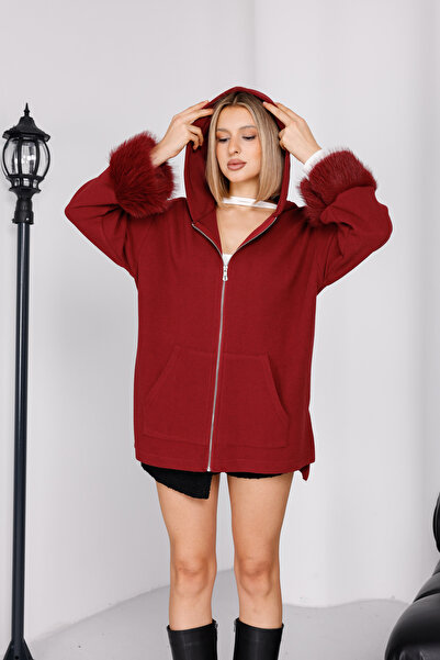 EsSo butik Hooded Sleeve Wrists Fur Detailed Zippered Kangaroo Pocket Thessaloniki Fabric Knitwear Cardigan