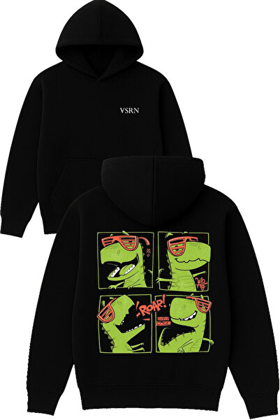 VSRN سويت شيرت بقلنسوة أسود كبير الحجم مطبوع بتصميم الديناصور