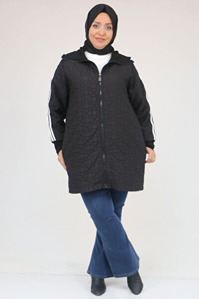Eslina 53060 Plus Size Shoulder Stripe Quilted Zipper Jacket - Black-White