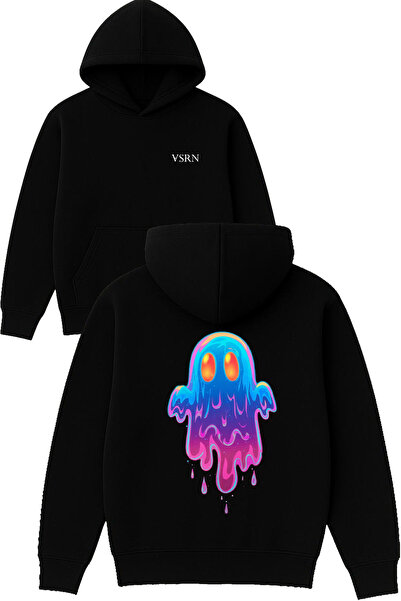 VSRN Hanorac negru supradimensionat cu glugă, cu imprimeu colorat Ghost Design