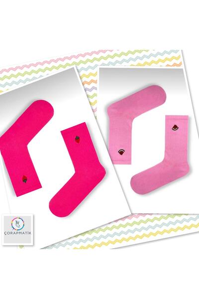 çorapmatik 2'li Karpuz ve Çilek Desenli Nakışlı Tenis Çorap Seti