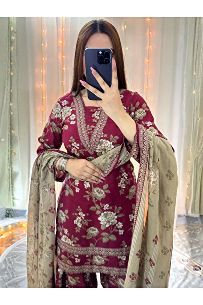 MYSMAR Maroon Shamoze Silk Top Bottom Dupatta - BPK1019 | Maroon