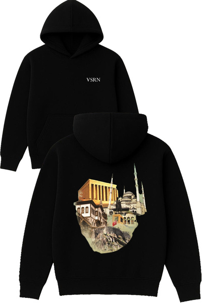 VSRN تصميم أنقرة مطبوع قصة فضفاضة سويت شيرت أسود بغطاء رأس