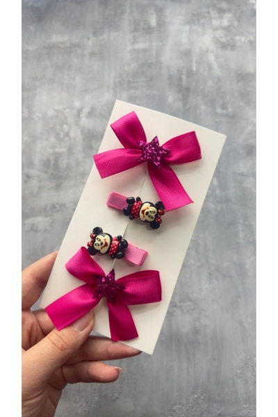 Toka Perisi Fuchsia Pink Ribbon Bow Minnie Mouse 4-Piece Clip Buckle Set