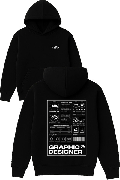 VSRN تصميم الرسومات مطبوع قصة فضفاضة سويت شيرت أسود بغطاء رأس