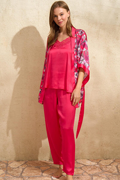 ALFA AKSESUAR 03 Satin Floral Printed Dressing Gown Lace Undershirt and Trousers Sleepwear 3-Piece Set