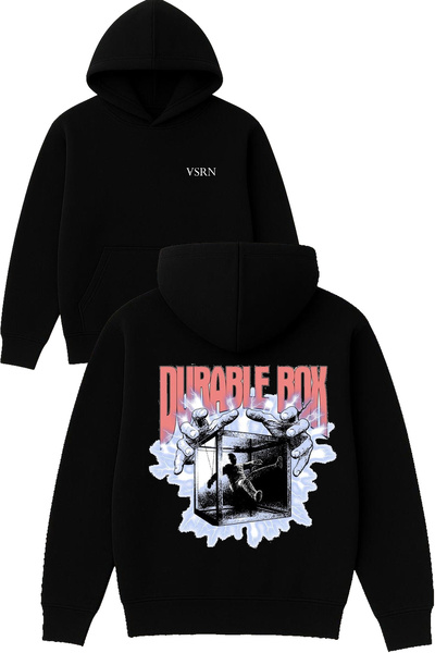 VSRN تصميم صندوق متين مطبوع قصة فضفاضة سويت شيرت أسود بغطاء رأس