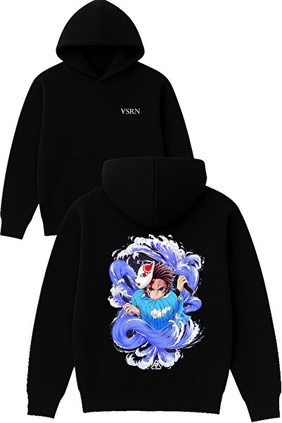 VSRN Hanorac negru supradimensionat cu glugă, cu imprimeu anime și design mascat